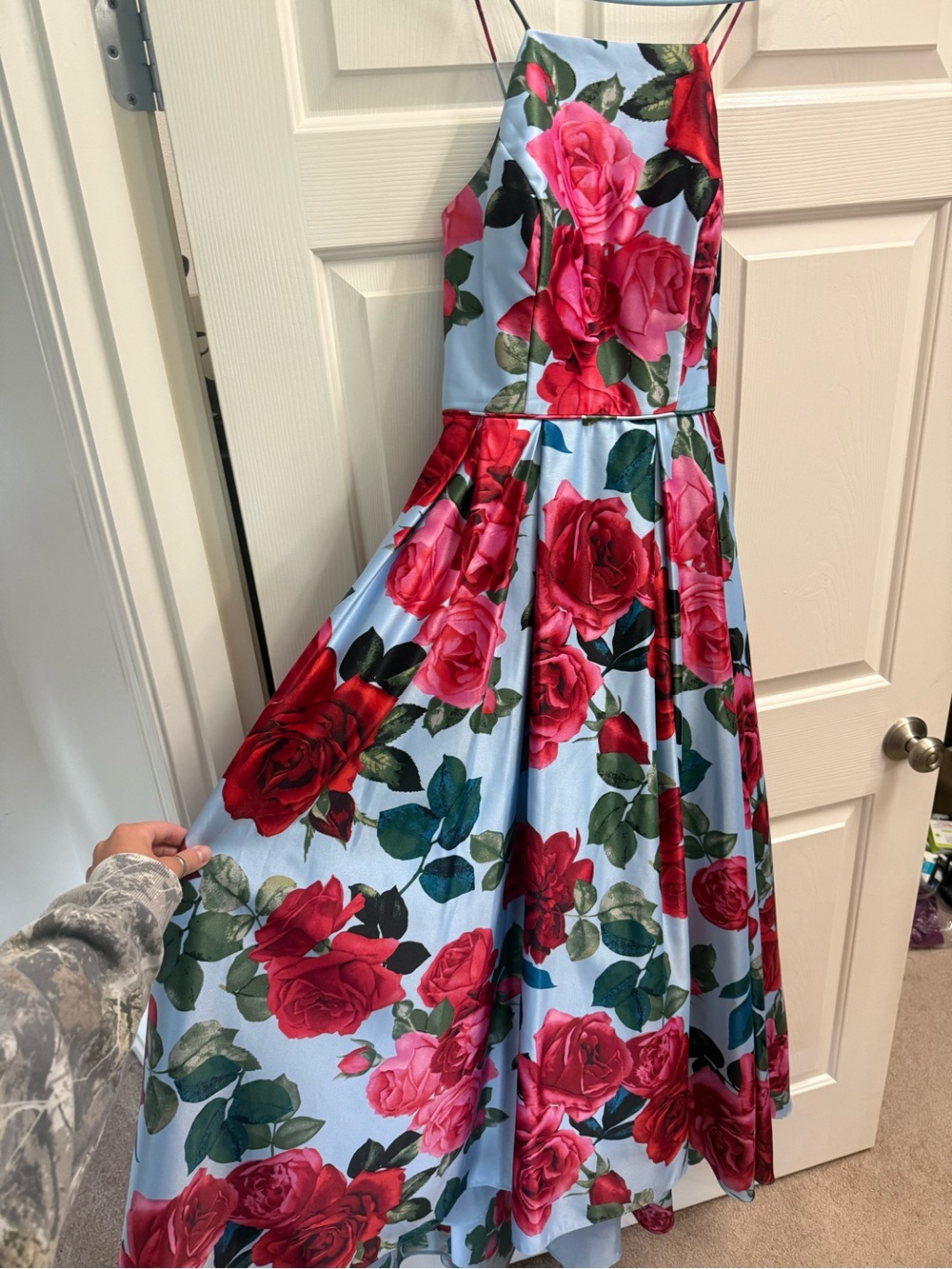 Adam Pink and Red Rose Print Halter Dress